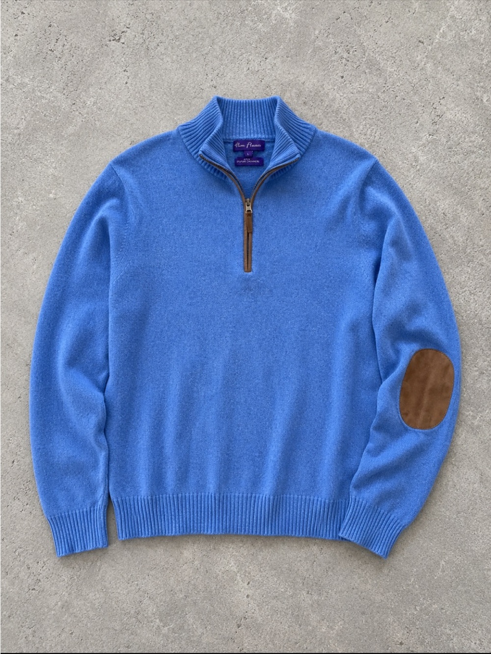 Alan Flusser 2 Ply Pure Cashmere 1/4 Zip Sweater Men Large Blue Elbow Patches